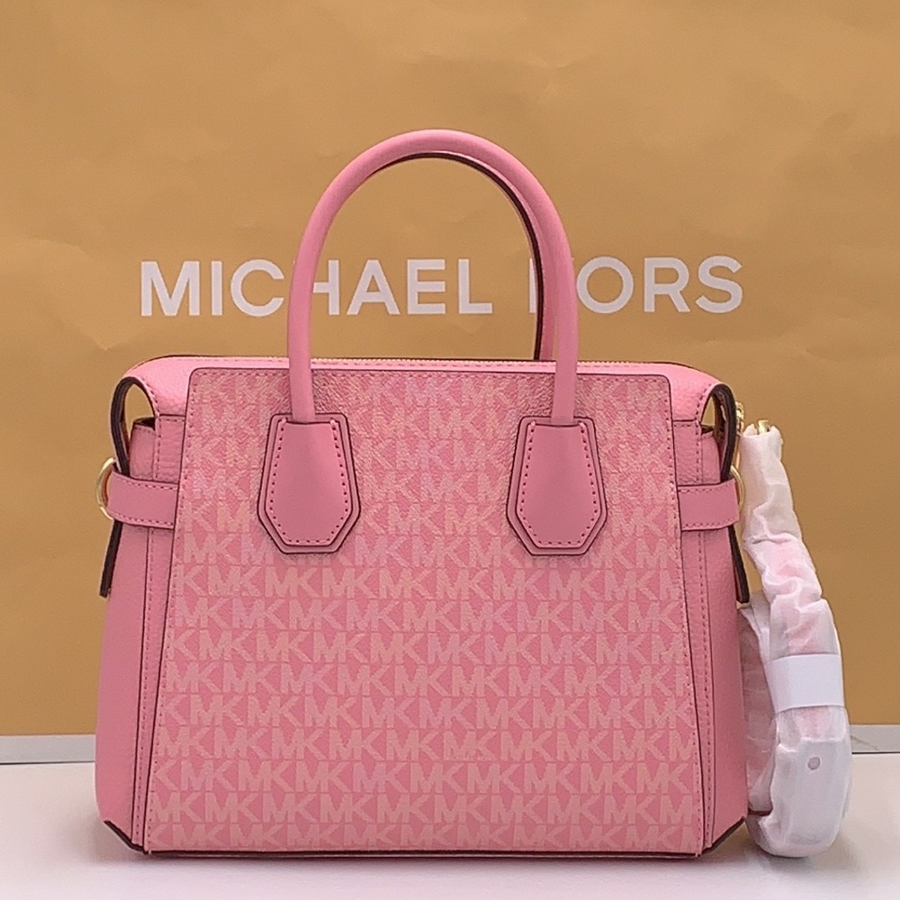 MICHAEL KORS Mercer Sm TZip Logo Leather Belted Satchel Crossbody Carnation - Picture 7 of 16